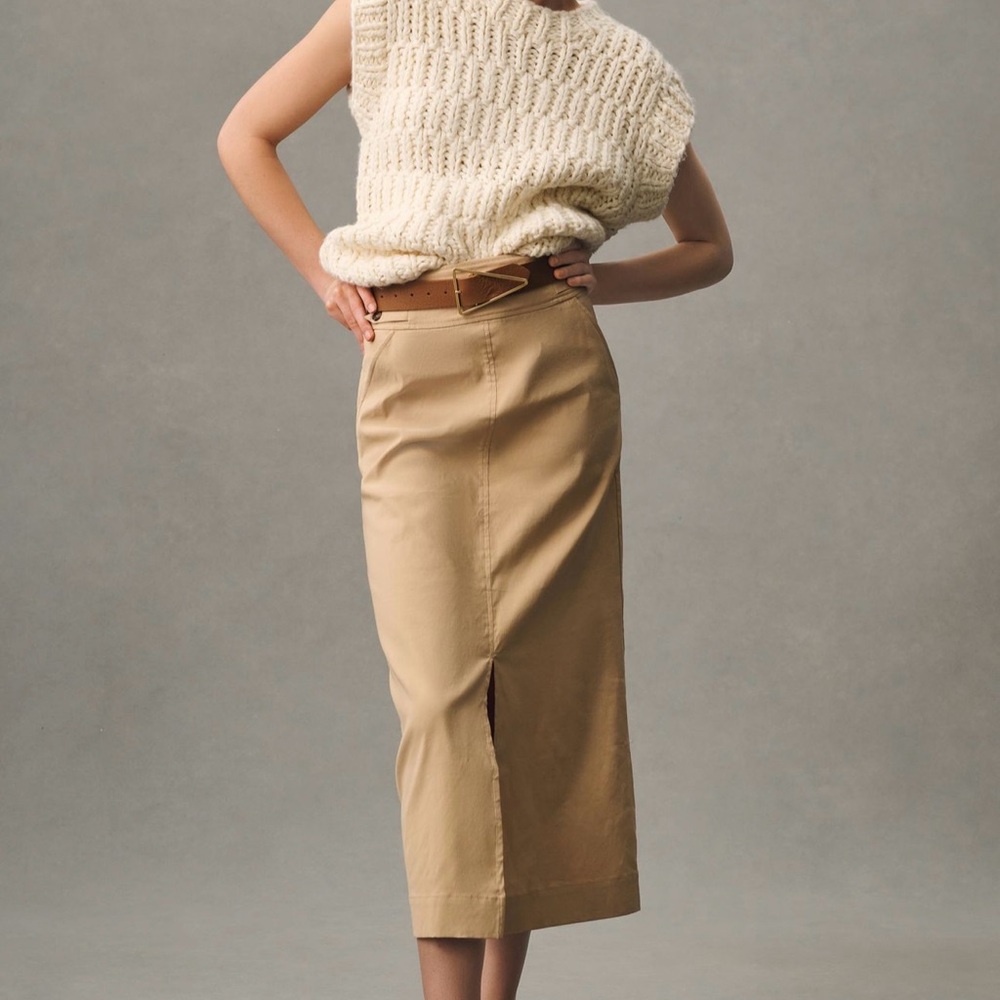 Anthropologie Tan Pencil Midi Skirt with Slit